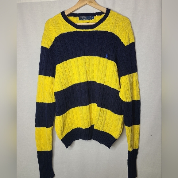POLO RALPH LAUREN cable knit yellow and navy sweater Size XL womens - Picture 3 of 4